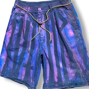 One of one, hand painted vibrant Blue and Purple Men's Swim Board Shorts